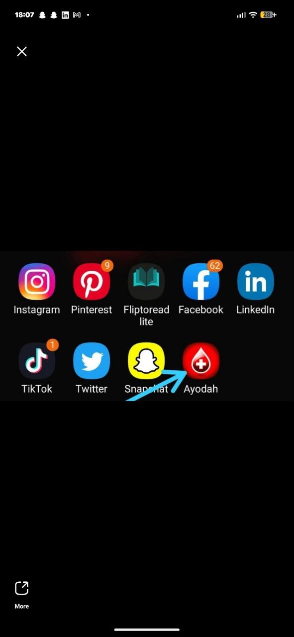 The Ayodah blood-drop app icon sitting among social apps on a phone home screen.
