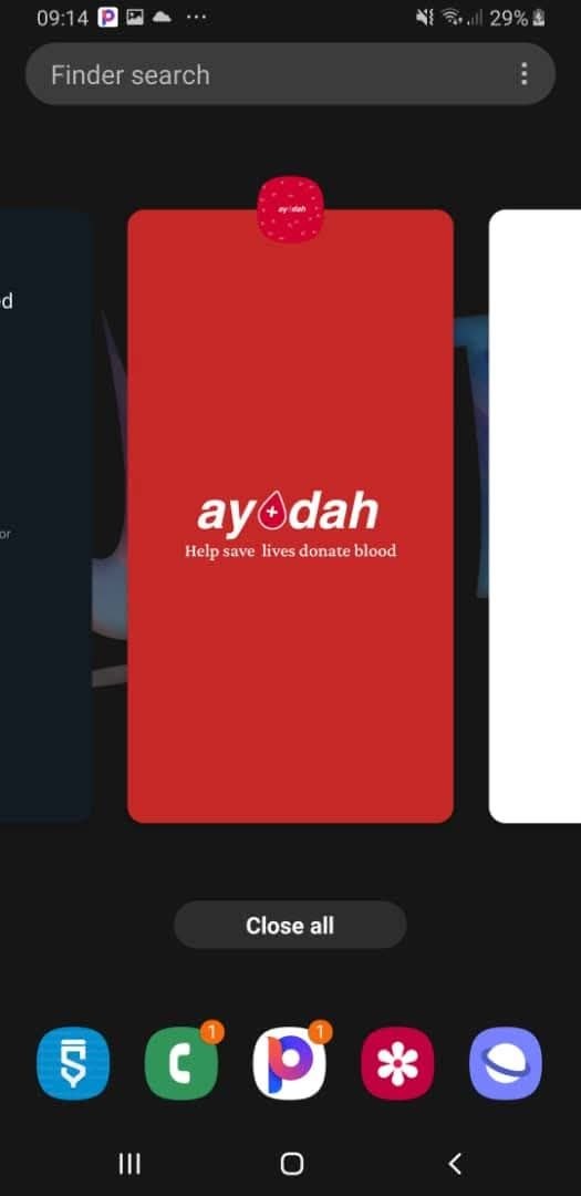 The red Ayodah app card visible in an Android phone app switcher.