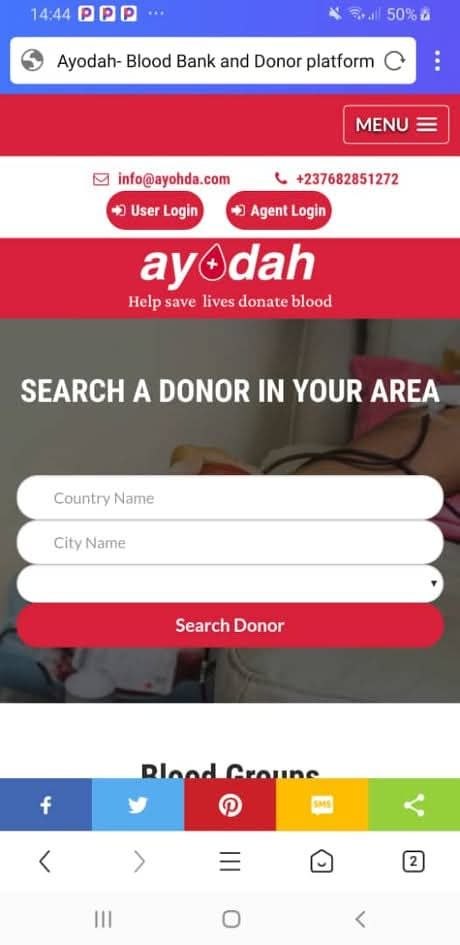 The original Ayodah website showing country, city, and blood-group fields for finding a nearby donor.